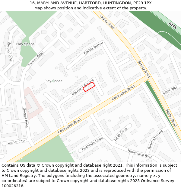 16, MARYLAND AVENUE, HARTFORD, HUNTINGDON, PE29 1PX: Location map and indicative extent of plot