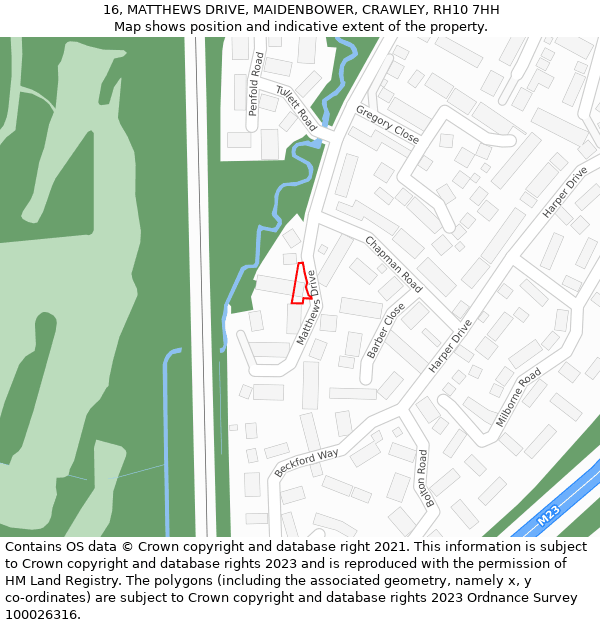 16, MATTHEWS DRIVE, MAIDENBOWER, CRAWLEY, RH10 7HH: Location map and indicative extent of plot