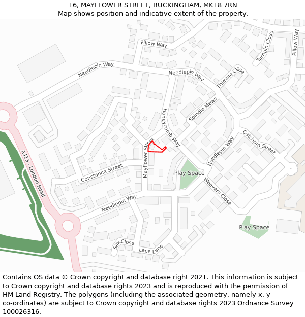 16, MAYFLOWER STREET, BUCKINGHAM, MK18 7RN: Location map and indicative extent of plot