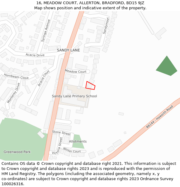 16, MEADOW COURT, ALLERTON, BRADFORD, BD15 9JZ: Location map and indicative extent of plot