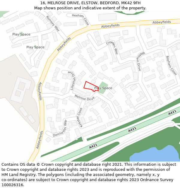 16, MELROSE DRIVE, ELSTOW, BEDFORD, MK42 9FH: Location map and indicative extent of plot