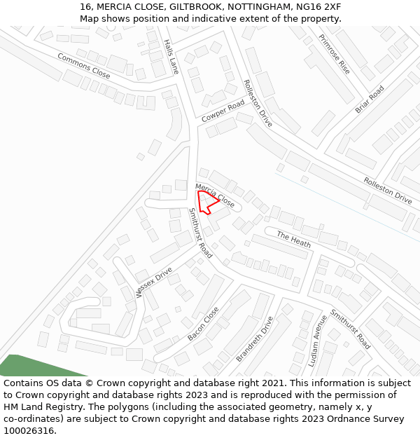 16, MERCIA CLOSE, GILTBROOK, NOTTINGHAM, NG16 2XF: Location map and indicative extent of plot