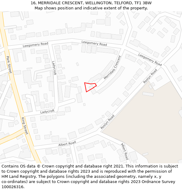 16, MERRIDALE CRESCENT, WELLINGTON, TELFORD, TF1 3BW: Location map and indicative extent of plot