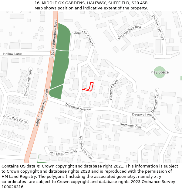 16, MIDDLE OX GARDENS, HALFWAY, SHEFFIELD, S20 4SR: Location map and indicative extent of plot