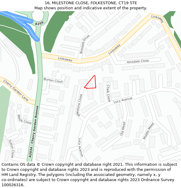 16, MILESTONE CLOSE, FOLKESTONE, CT19 5TE: Location map and indicative extent of plot