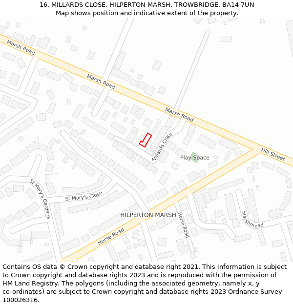 16, MILLARDS CLOSE, HILPERTON MARSH, TROWBRIDGE, BA14 7UN: Location map and indicative extent of plot