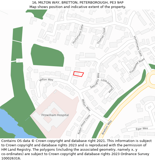 16, MILTON WAY, BRETTON, PETERBOROUGH, PE3 9AP: Location map and indicative extent of plot