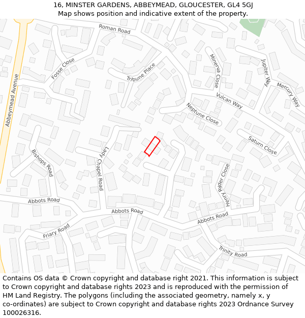 16, MINSTER GARDENS, ABBEYMEAD, GLOUCESTER, GL4 5GJ: Location map and indicative extent of plot