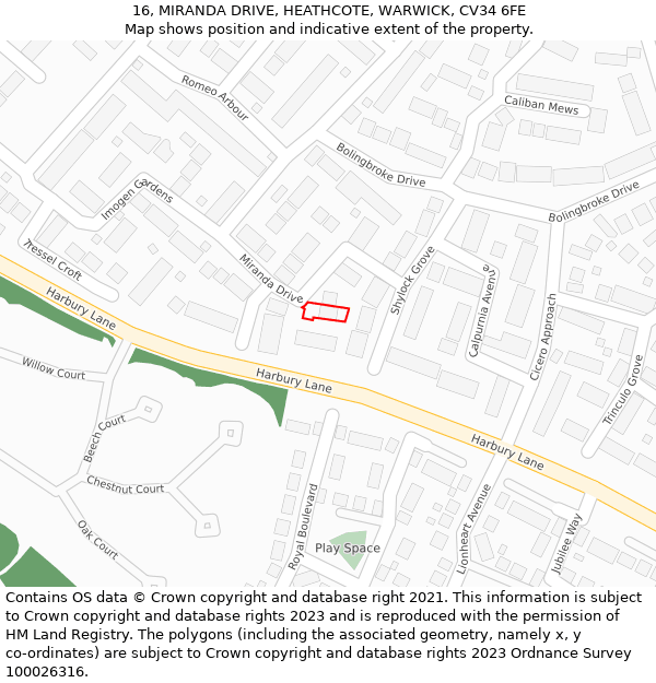 16, MIRANDA DRIVE, HEATHCOTE, WARWICK, CV34 6FE: Location map and indicative extent of plot