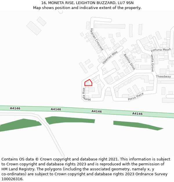 16, MONETA RISE, LEIGHTON BUZZARD, LU7 9SN: Location map and indicative extent of plot