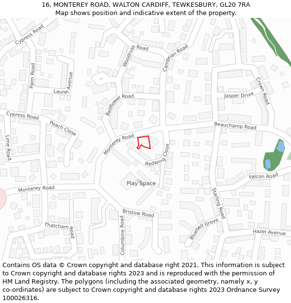 16, MONTEREY ROAD, WALTON CARDIFF, TEWKESBURY, GL20 7RA: Location map and indicative extent of plot