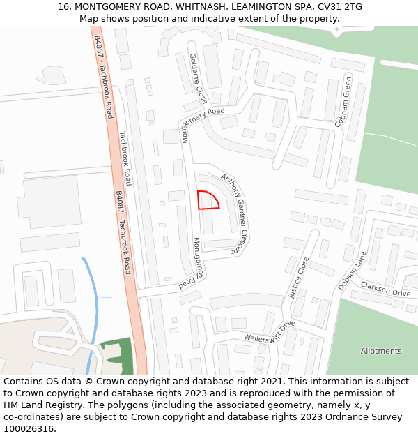 16, MONTGOMERY ROAD, WHITNASH, LEAMINGTON SPA, CV31 2TG: Location map and indicative extent of plot