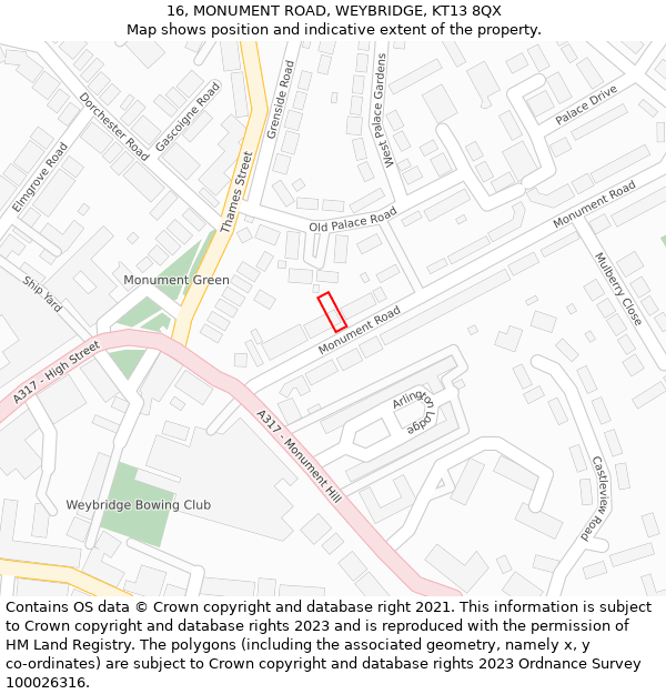 16, MONUMENT ROAD, WEYBRIDGE, KT13 8QX: Location map and indicative extent of plot