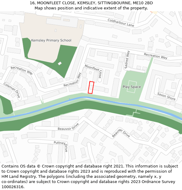 16, MOONFLEET CLOSE, KEMSLEY, SITTINGBOURNE, ME10 2BD: Location map and indicative extent of plot