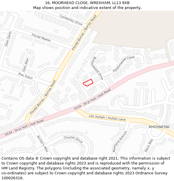 16, MOORHEAD CLOSE, WREXHAM, LL13 9XB: Location map and indicative extent of plot