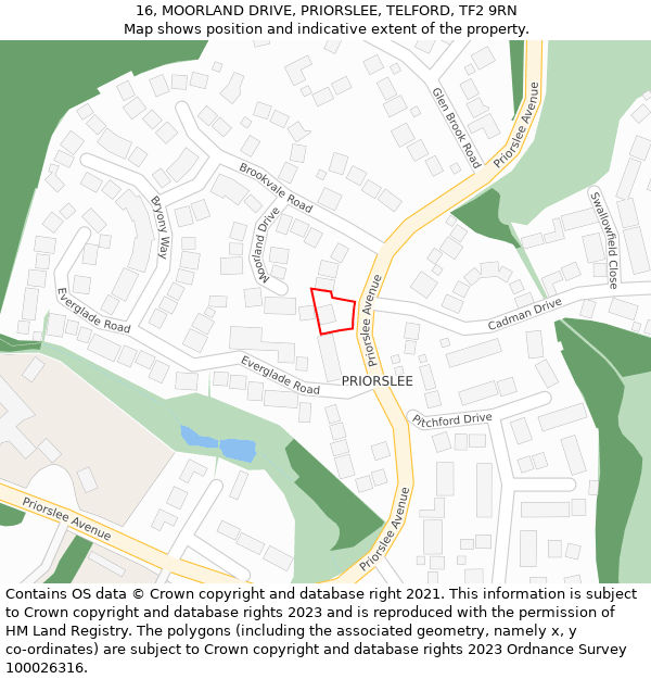 16, MOORLAND DRIVE, PRIORSLEE, TELFORD, TF2 9RN: Location map and indicative extent of plot