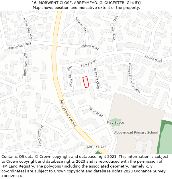 16, MORWENT CLOSE, ABBEYMEAD, GLOUCESTER, GL4 5YJ: Location map and indicative extent of plot