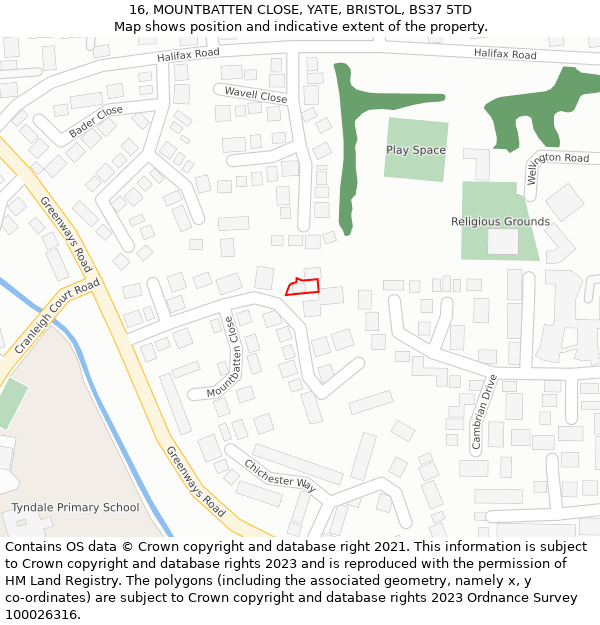 16, MOUNTBATTEN CLOSE, YATE, BRISTOL, BS37 5TD: Location map and indicative extent of plot