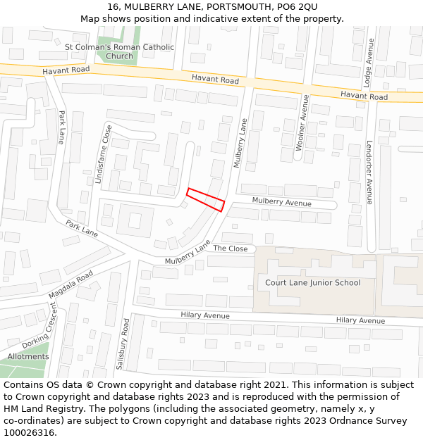 16, MULBERRY LANE, PORTSMOUTH, PO6 2QU: Location map and indicative extent of plot