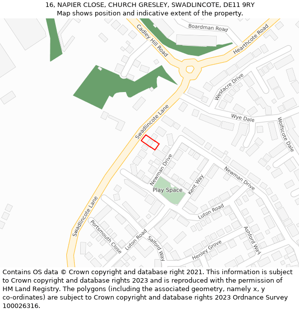 16, NAPIER CLOSE, CHURCH GRESLEY, SWADLINCOTE, DE11 9RY: Location map and indicative extent of plot