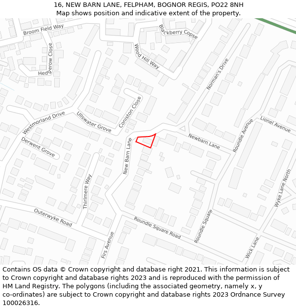 16, NEW BARN LANE, FELPHAM, BOGNOR REGIS, PO22 8NH: Location map and indicative extent of plot