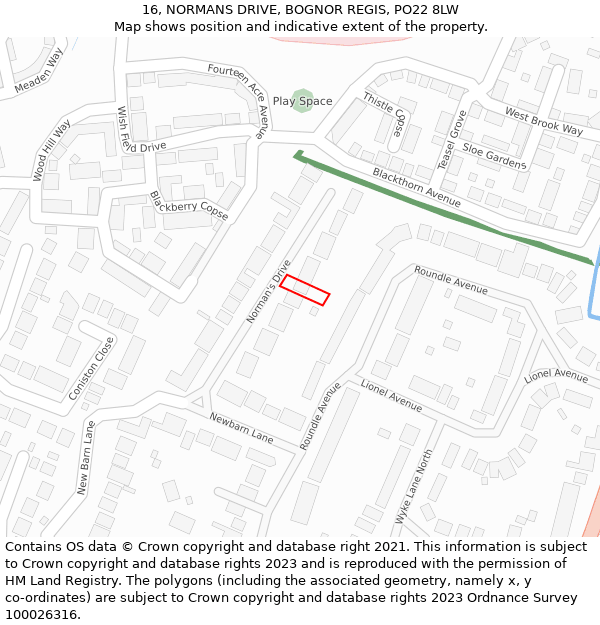 16, NORMANS DRIVE, BOGNOR REGIS, PO22 8LW: Location map and indicative extent of plot