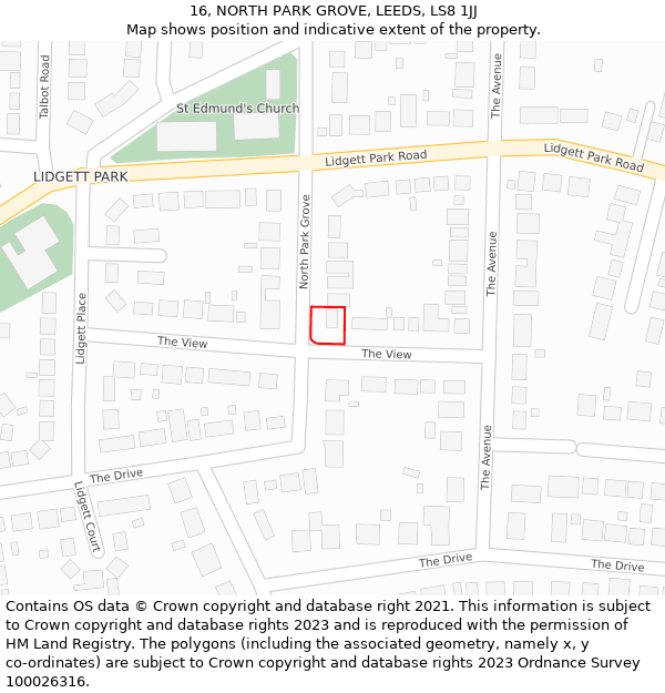 16, NORTH PARK GROVE, LEEDS, LS8 1JJ: Location map and indicative extent of plot