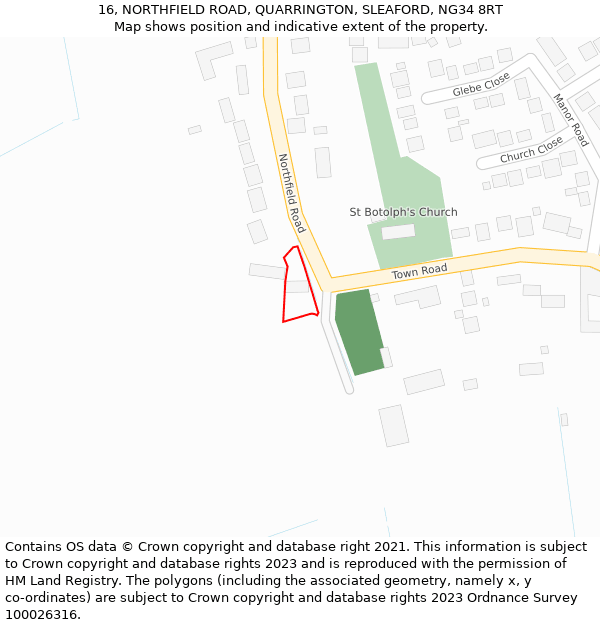 16, NORTHFIELD ROAD, QUARRINGTON, SLEAFORD, NG34 8RT: Location map and indicative extent of plot