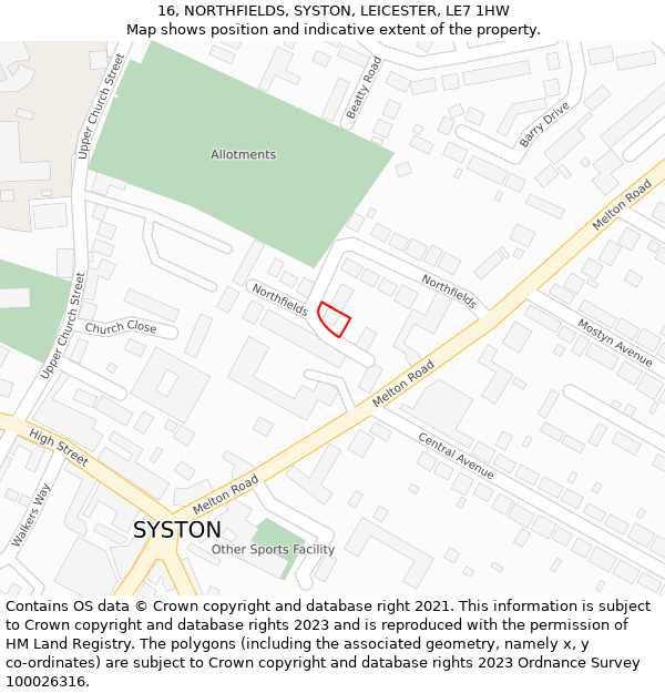 16, NORTHFIELDS, SYSTON, LEICESTER, LE7 1HW: Location map and indicative extent of plot