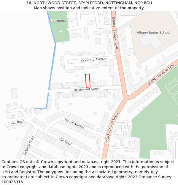 16, NORTHWOOD STREET, STAPLEFORD, NOTTINGHAM, NG9 8GH: Location map and indicative extent of plot