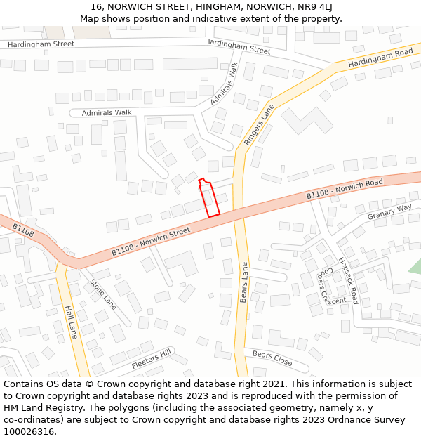 16, NORWICH STREET, HINGHAM, NORWICH, NR9 4LJ: Location map and indicative extent of plot