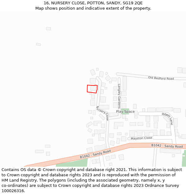 16, NURSERY CLOSE, POTTON, SANDY, SG19 2QE: Location map and indicative extent of plot