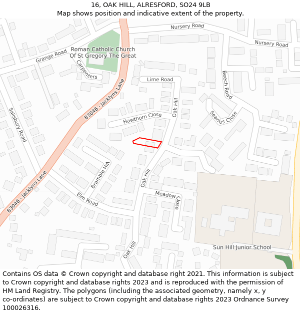 16, OAK HILL, ALRESFORD, SO24 9LB: Location map and indicative extent of plot