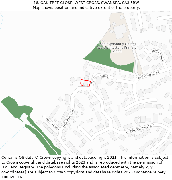 16, OAK TREE CLOSE, WEST CROSS, SWANSEA, SA3 5RW: Location map and indicative extent of plot