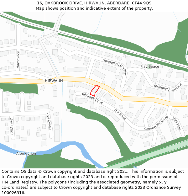 16, OAKBROOK DRIVE, HIRWAUN, ABERDARE, CF44 9QS: Location map and indicative extent of plot