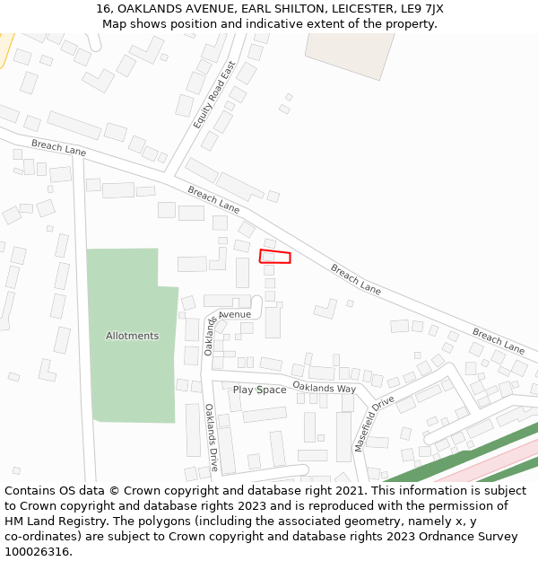 16, OAKLANDS AVENUE, EARL SHILTON, LEICESTER, LE9 7JX: Location map and indicative extent of plot