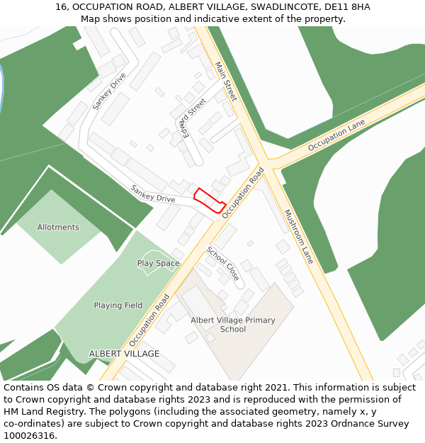 16, OCCUPATION ROAD, ALBERT VILLAGE, SWADLINCOTE, DE11 8HA: Location map and indicative extent of plot