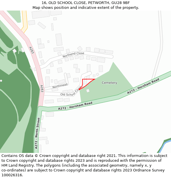16, OLD SCHOOL CLOSE, PETWORTH, GU28 9BF: Location map and indicative extent of plot