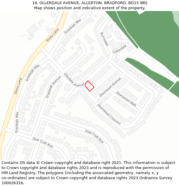 16, OLLERDALE AVENUE, ALLERTON, BRADFORD, BD15 9BS: Location map and indicative extent of plot