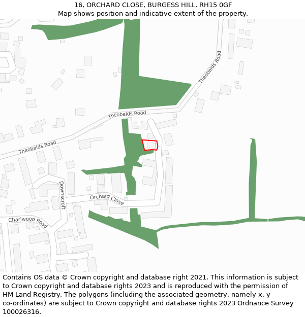 16, ORCHARD CLOSE, BURGESS HILL, RH15 0GF: Location map and indicative extent of plot