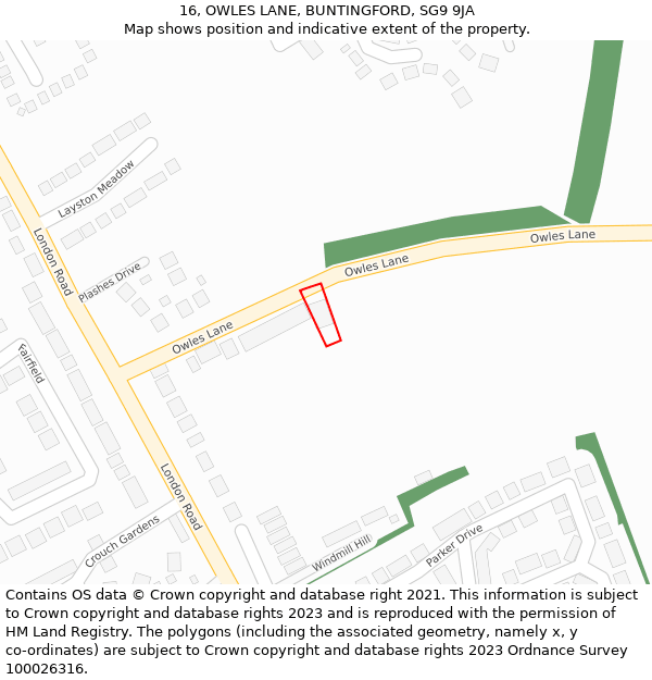 16, OWLES LANE, BUNTINGFORD, SG9 9JA: Location map and indicative extent of plot