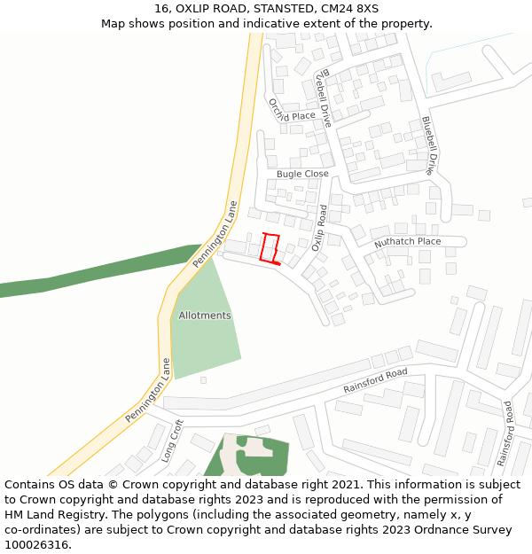 16, OXLIP ROAD, STANSTED, CM24 8XS: Location map and indicative extent of plot
