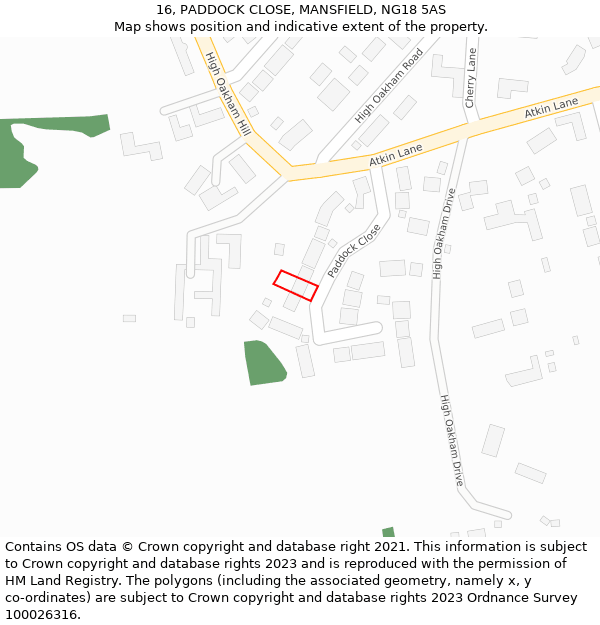 16, PADDOCK CLOSE, MANSFIELD, NG18 5AS: Location map and indicative extent of plot