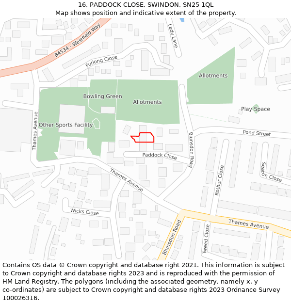 16, PADDOCK CLOSE, SWINDON, SN25 1QL: Location map and indicative extent of plot