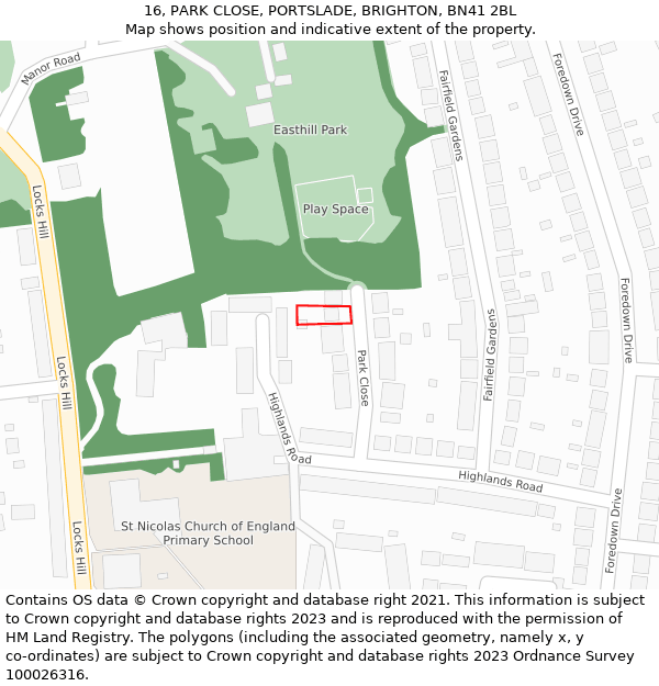 16, PARK CLOSE, PORTSLADE, BRIGHTON, BN41 2BL: Location map and indicative extent of plot