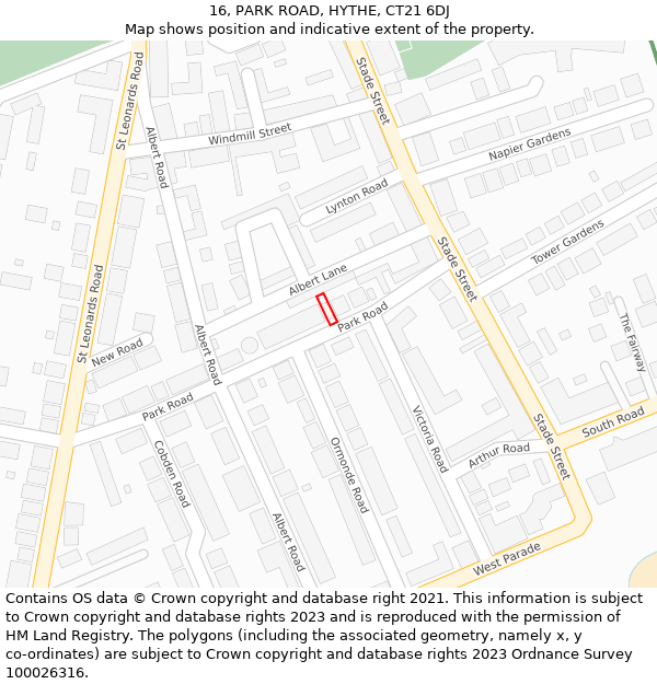 16, PARK ROAD, HYTHE, CT21 6DJ: Location map and indicative extent of plot