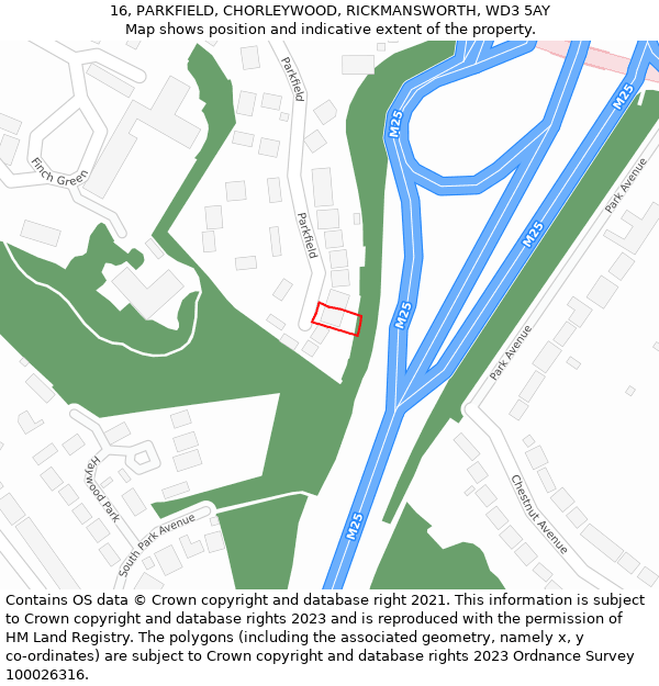 16, PARKFIELD, CHORLEYWOOD, RICKMANSWORTH, WD3 5AY: Location map and indicative extent of plot