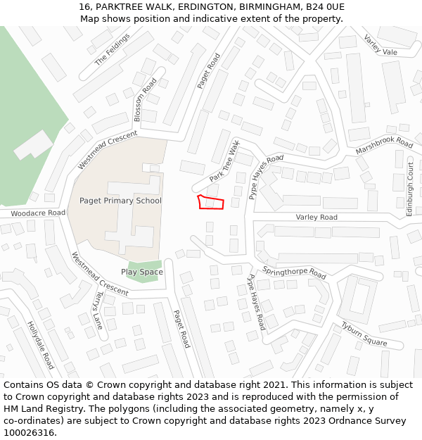 16, PARKTREE WALK, ERDINGTON, BIRMINGHAM, B24 0UE: Location map and indicative extent of plot