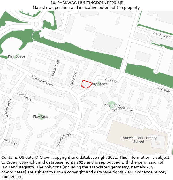 16, PARKWAY, HUNTINGDON, PE29 6JB: Location map and indicative extent of plot