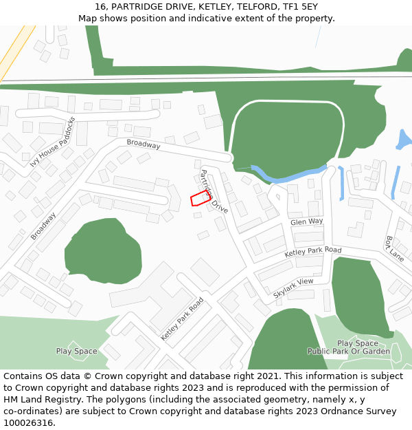 16, PARTRIDGE DRIVE, KETLEY, TELFORD, TF1 5EY: Location map and indicative extent of plot